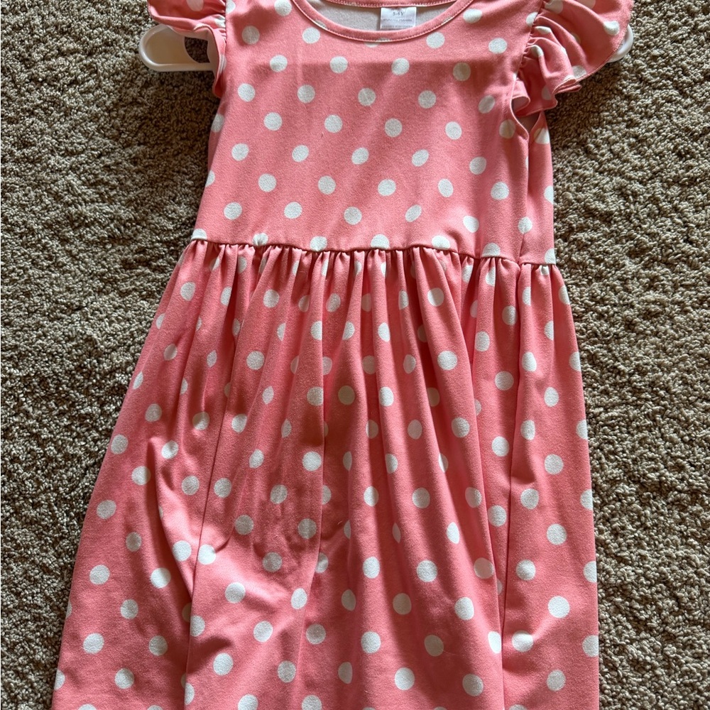 Girls Pink Polka Dot Ruffle Sleeve Dress
